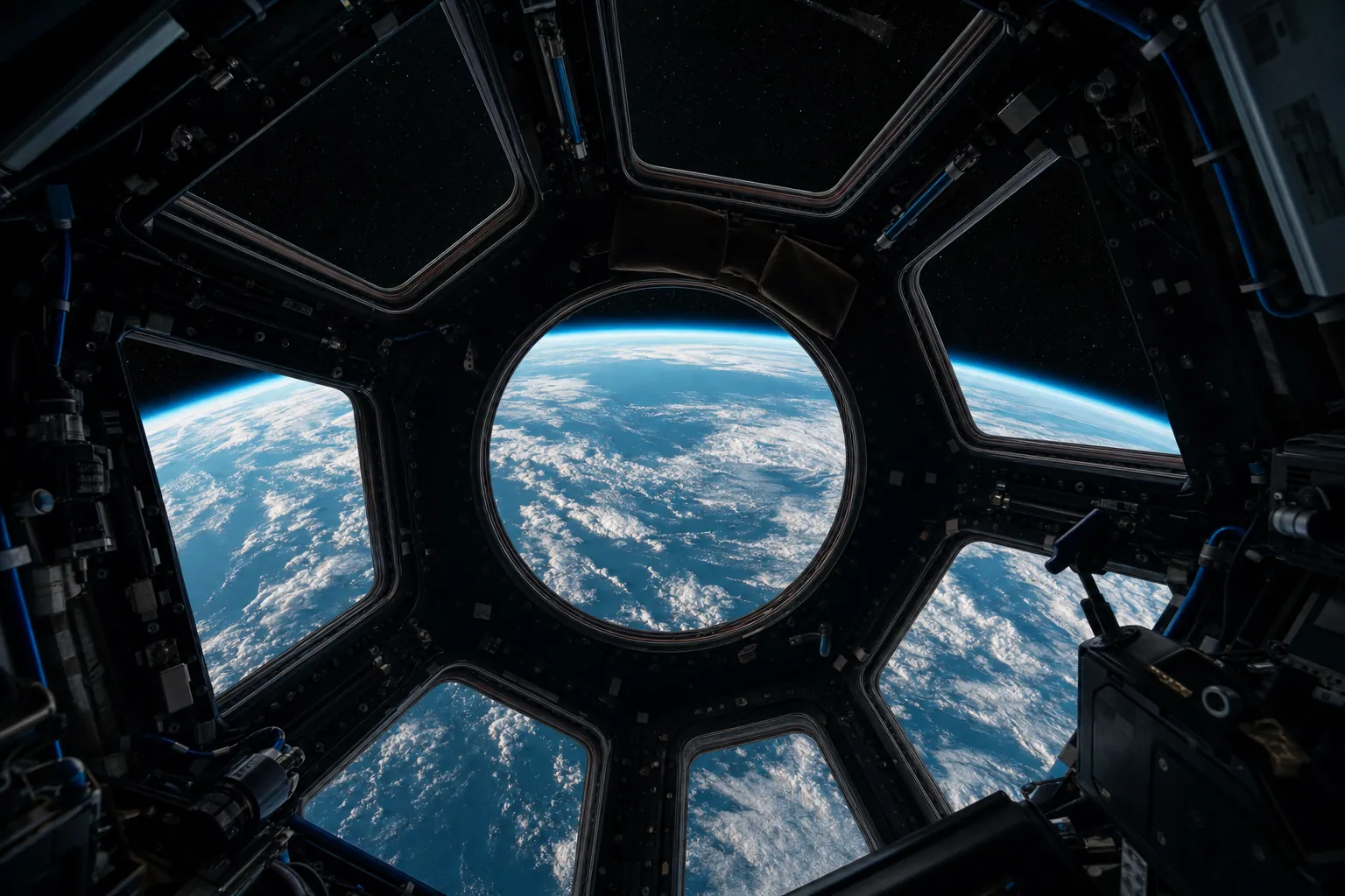 View through the multi-pane observation cupola of an orbiting spacecraft, Earth's blue curve and cyan atmospheric limb filling the windows.