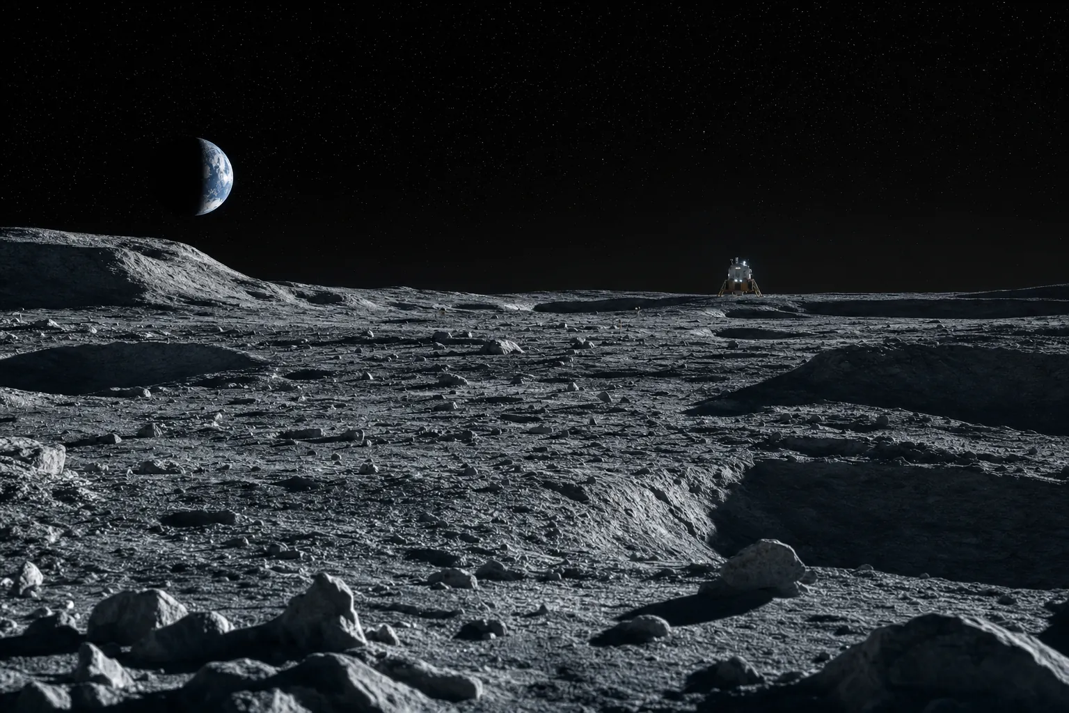 The lunar surface at a low sun angle with long shadows across grey regolith, a small distant crewed lander on the horizon and Earth as a blue crescent in the black sky.