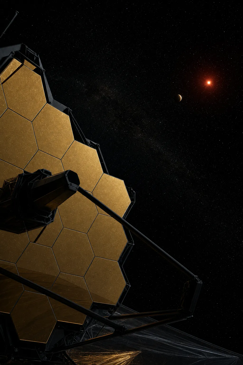 Gold hexagonal mirror segments of a deep-space telescope in the foreground, with a faint distant gas giant beside a small red dwarf star in black space.