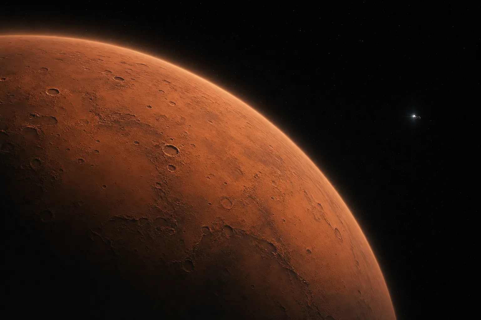 Mars seen from orbit, its rust-red cratered surface and thin dusty atmospheric limb against black space, with a distant spacecraft glinting as a point of light.