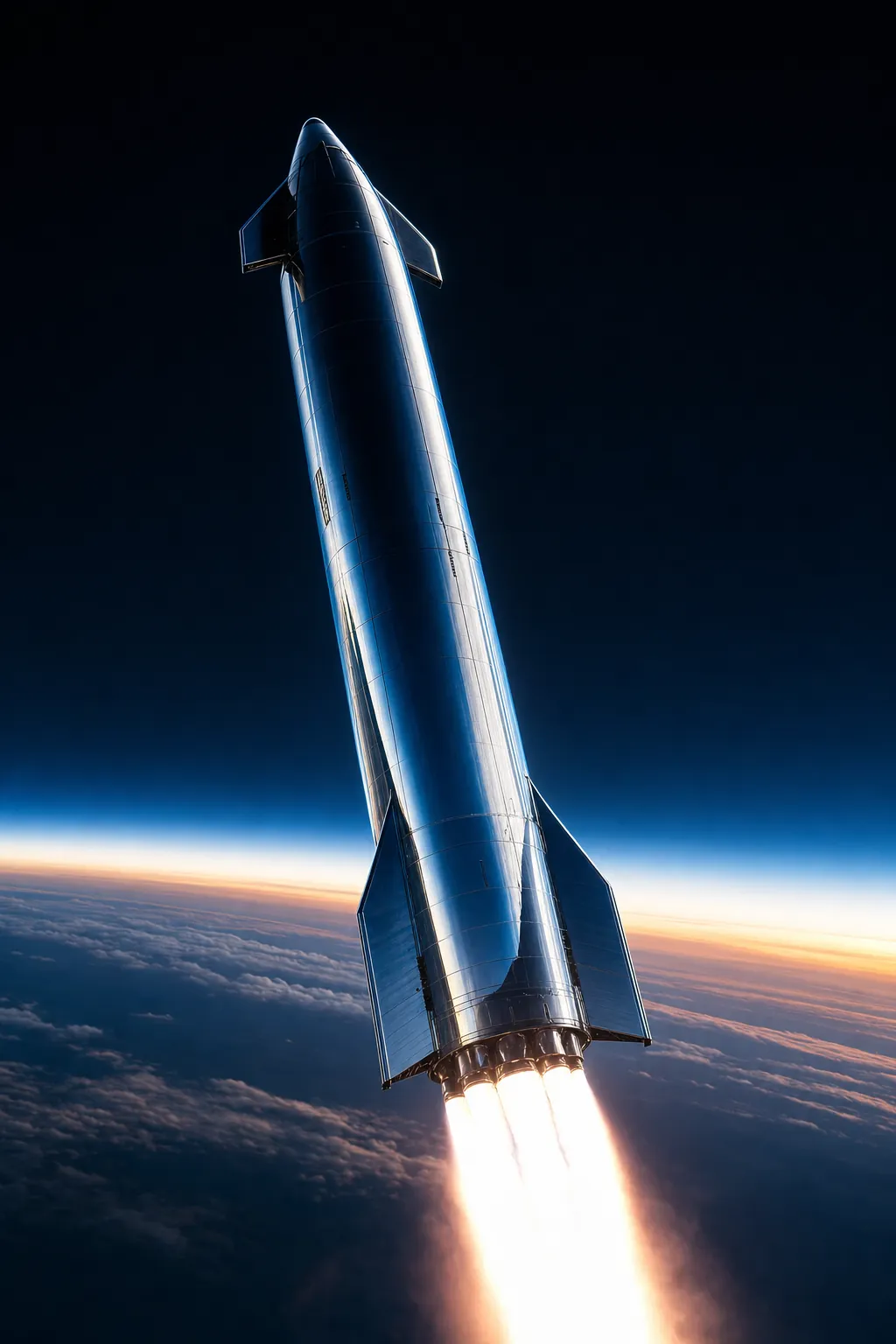 A polished stainless-steel super-heavy launch vehicle ascending through the upper atmosphere at dusk.