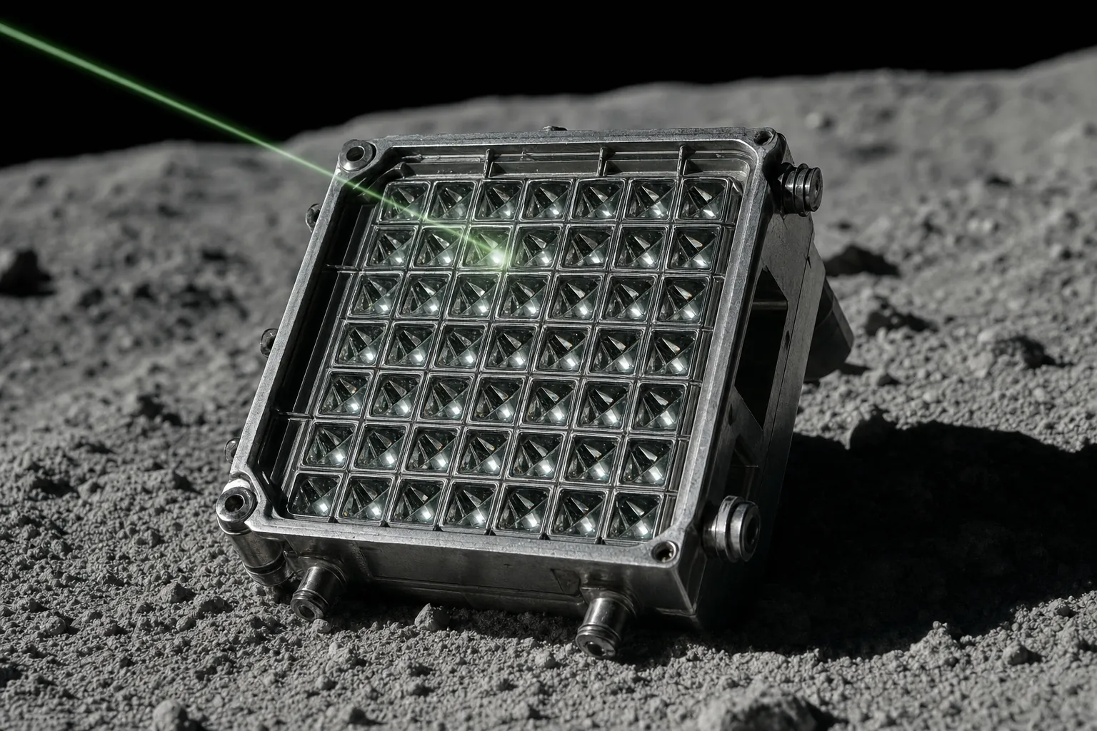 A laser retroreflector array resting on lunar regolith, its glass corner-cube prisms catching a faint green laser beam.
